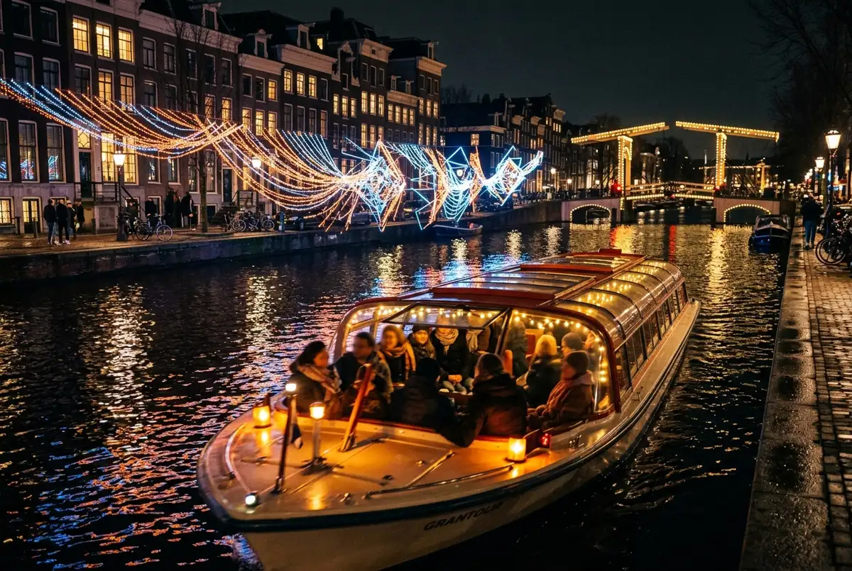 Passengers on an illuminated canal boat gliding past glowing light art installations in Amsterdam on an amsterdam light festival boat tour at night