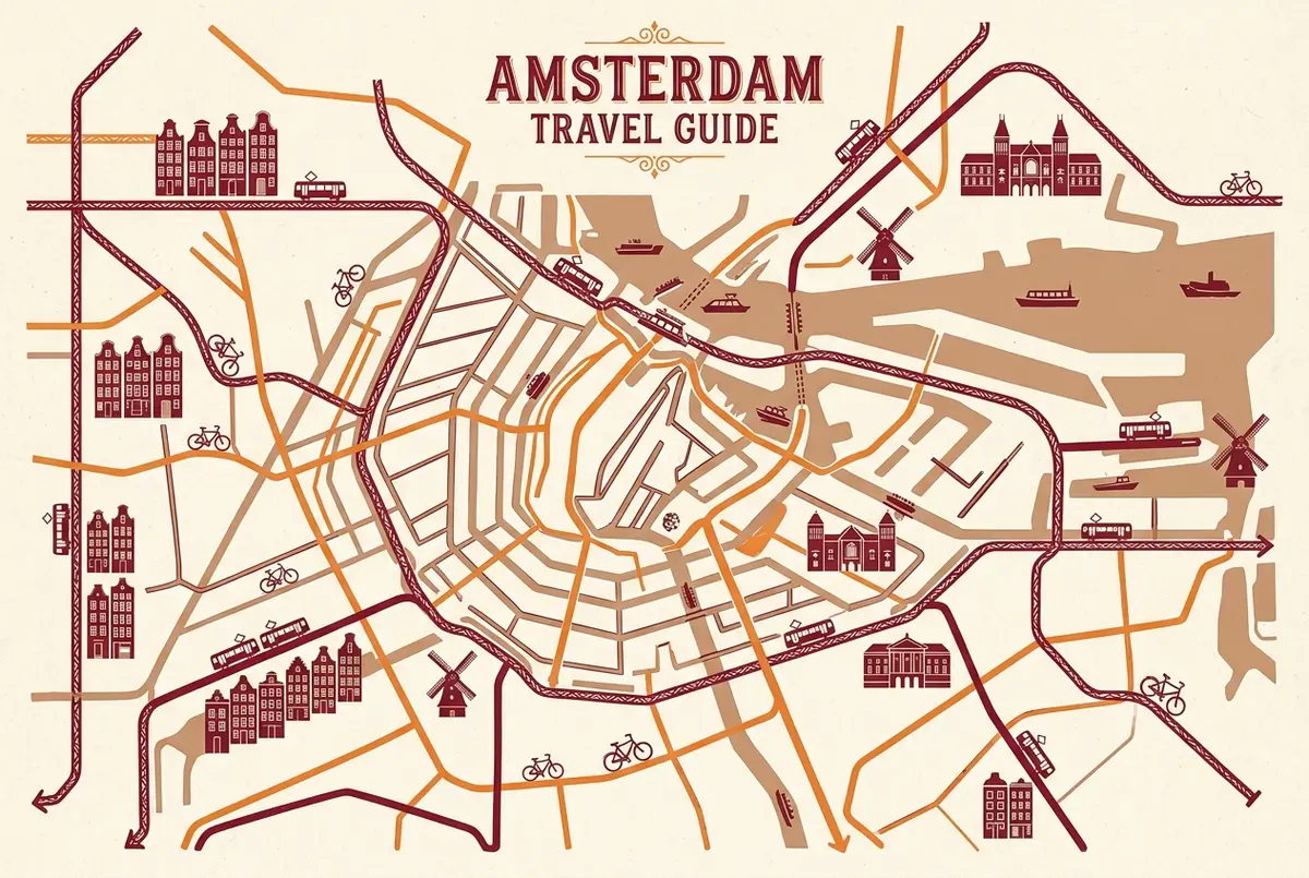 stylized map of amsterdam tram, metro and ferry lines for public transport amsterdam