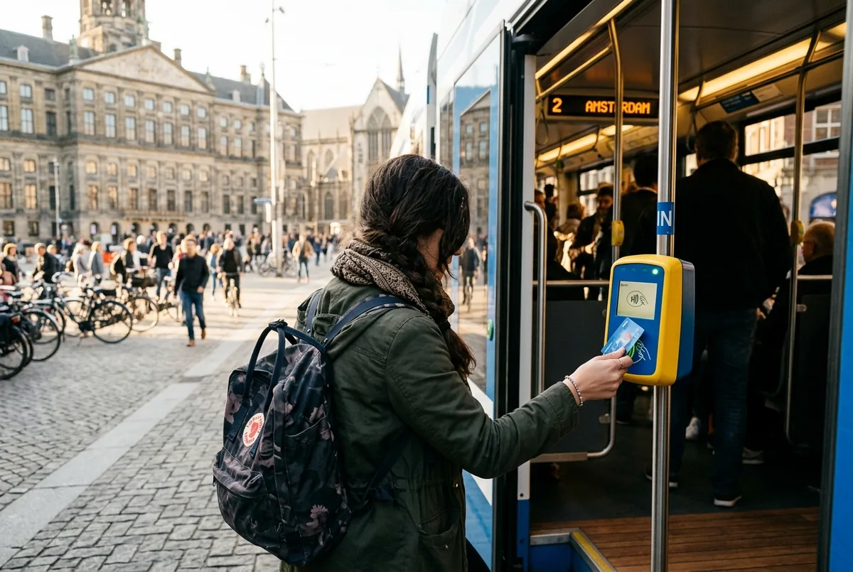 Traveler tapping a contactless card on an amsterdam tram tickets reader while boarding at Dam Square