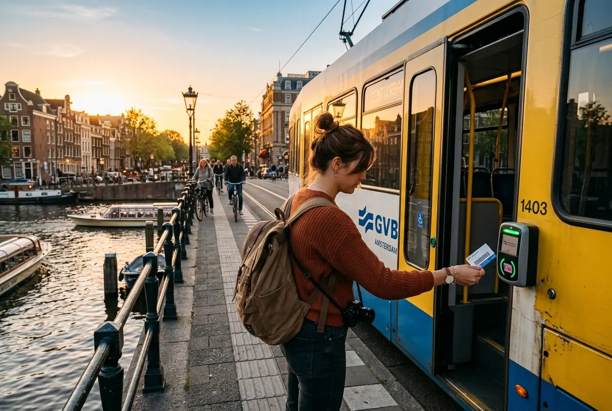 Tourist scanning a GVB Amsterdam day ticket barcode at a tram door on a canal bridge at golden hour