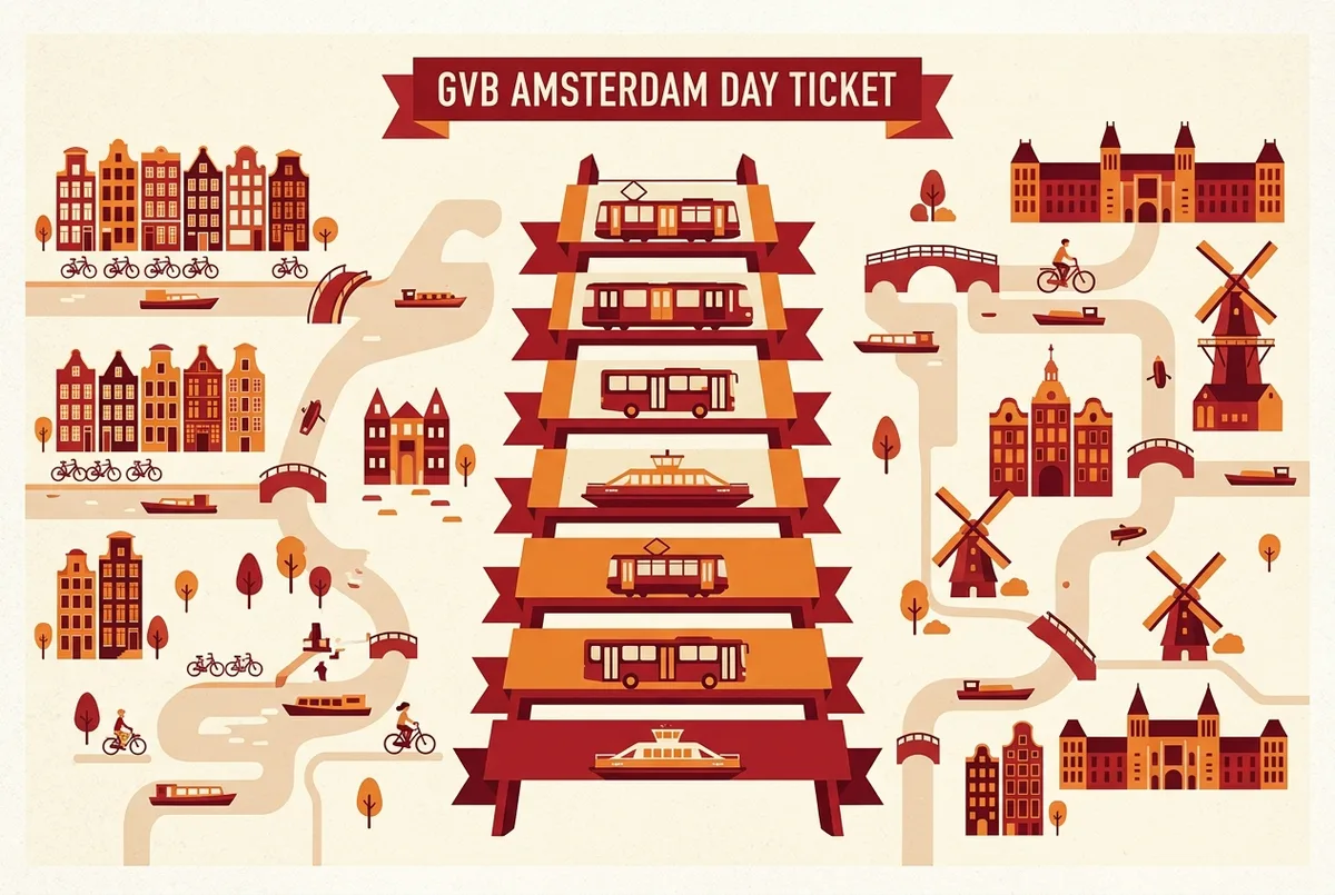 Infographic showing a GVB Amsterdam ticket price ladder from 1 day to 7 days with tram, metro, bus and ferry icons, gvb amsterdam day ticket