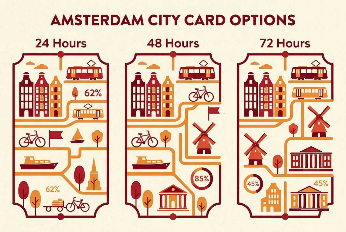 infographic comparing amsterdam pass options for the question 24, 48 or 72 Hours? Choosing Your Amsterdam City Card Duration, amsterdam day pass