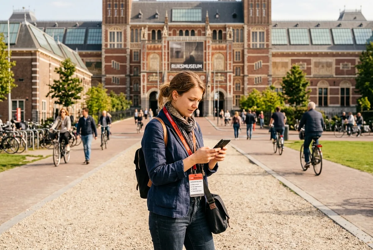 Visitor checking the i amsterdam city card museums included list on a phone outside the Rijksmuseum on Museumplein in Amsterdam