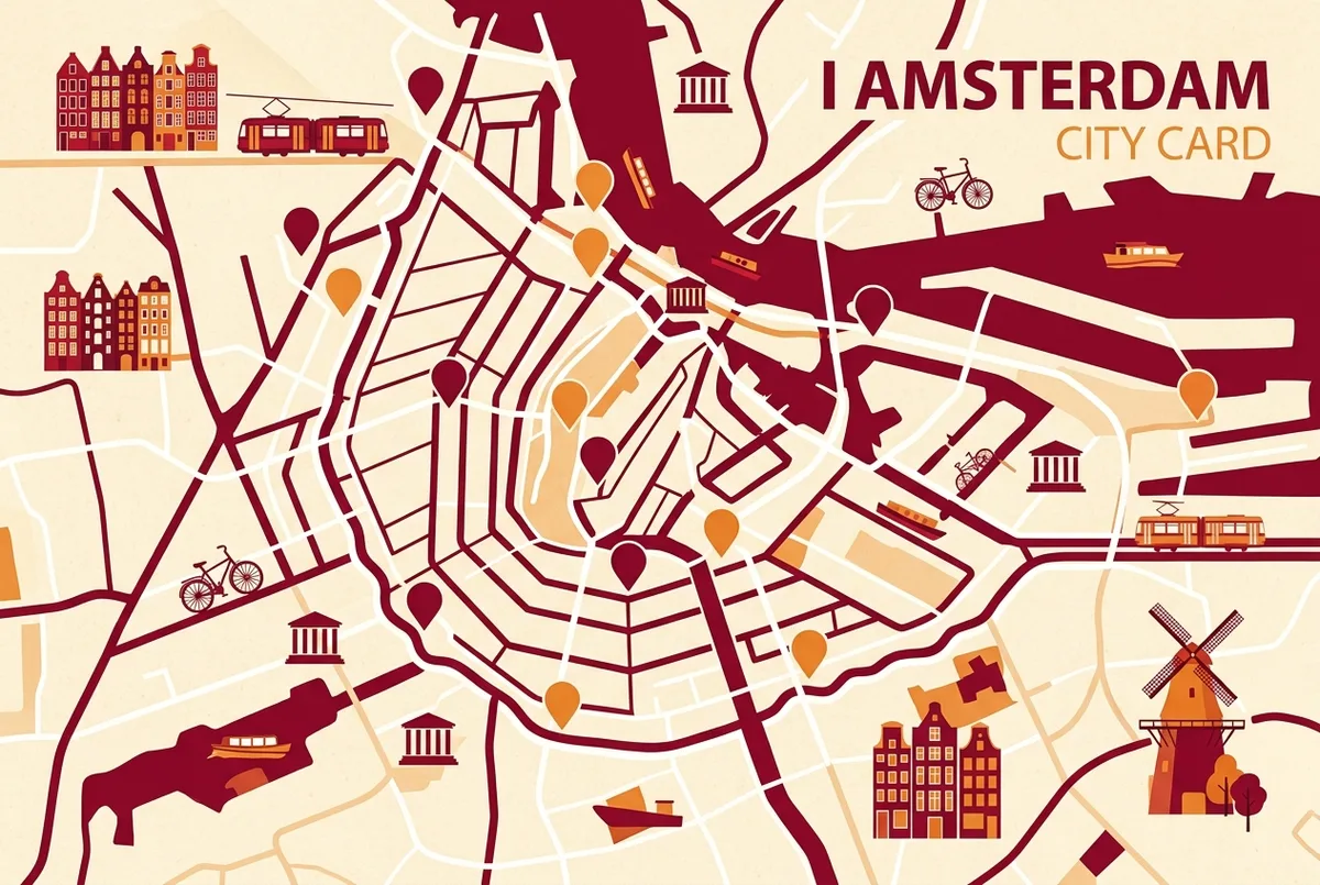Map style infographic of Amsterdam marking which museums are free with the i amsterdam city card versus discount only, color coded pins across the city