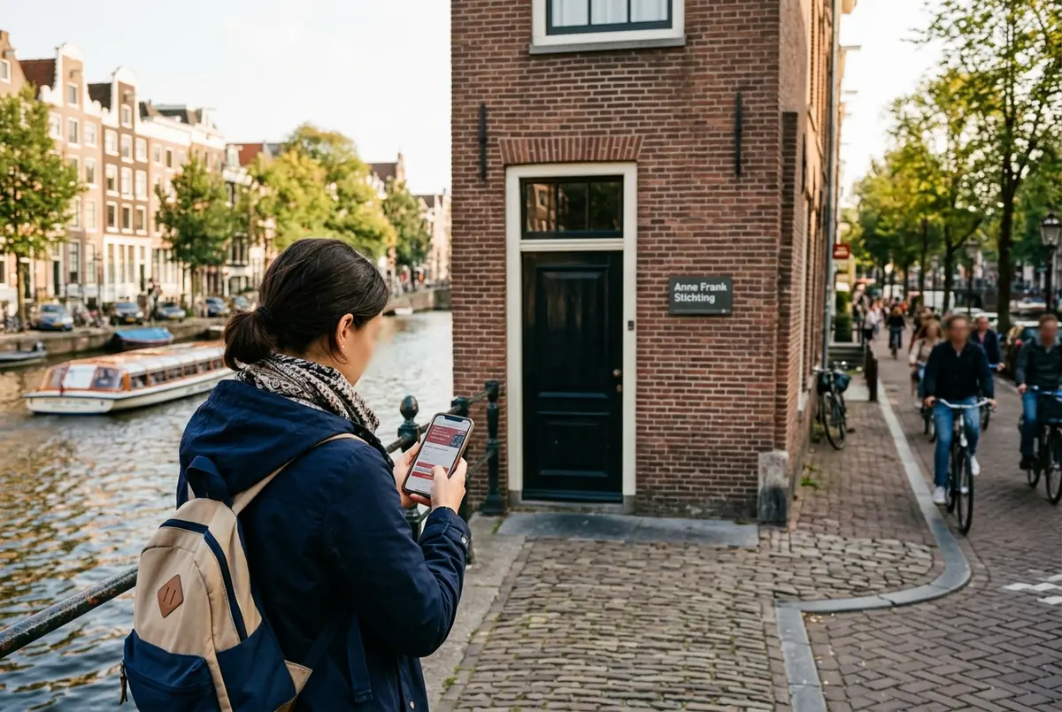 Traveler checking a phone outside the Anne Frank House on the Prinsengracht in Amsterdam, amsterdam pass anne frank house ticket question