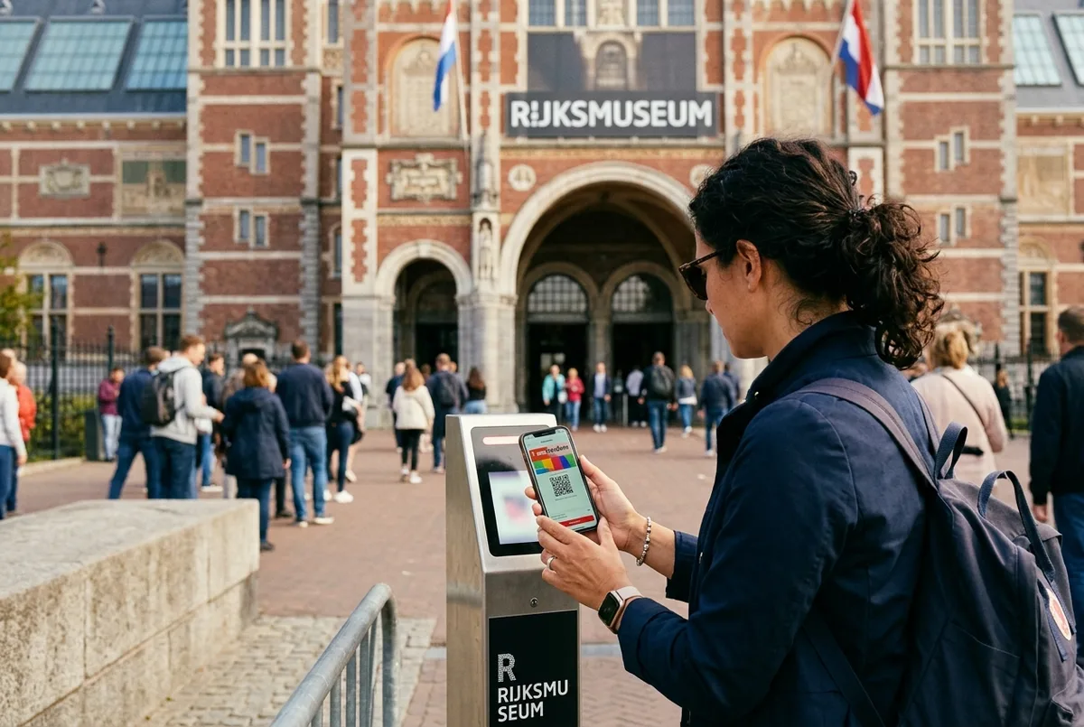 Visitor scanning the i amsterdam city card rijksmuseum timeslot booking on a phone outside the Rijksmuseum entrance