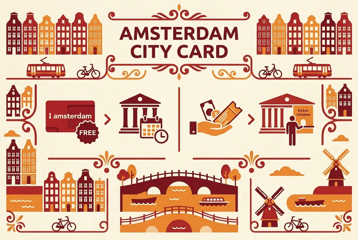 Simple infographic showing the i amsterdam city card rijksmuseum entry as free but timeslot required, next to the paid door ticket option, generic labels only