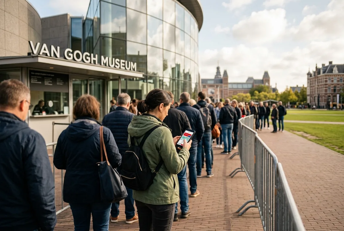 file d attente sur le Museumplein devant le musee Van Gogh a Amsterdam, voyageuse verifiant sur son telephone si le van gogh museum i amsterdam city card est inclus