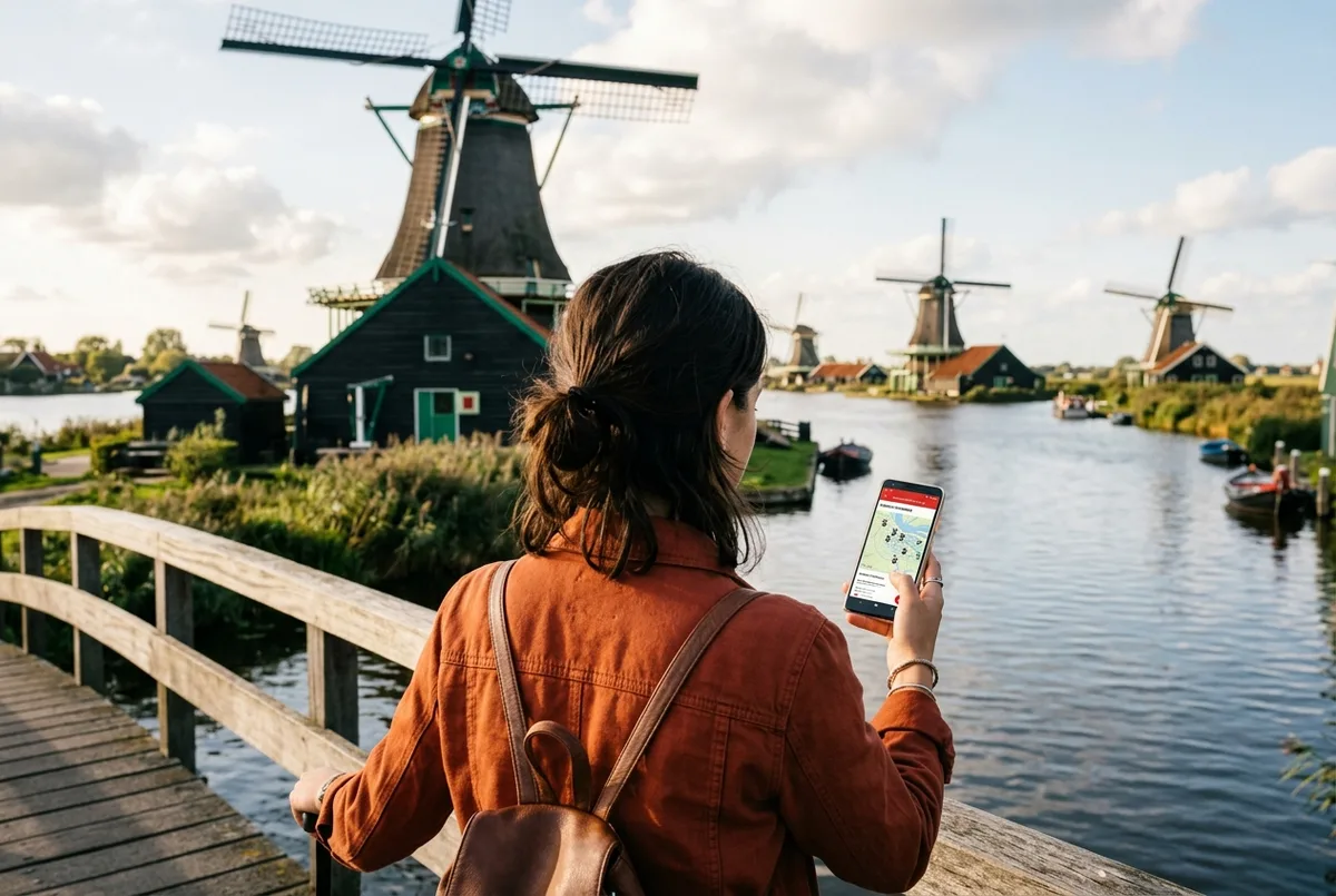 Viaggiatrice che controlla la copertura zaanse schans amsterdam city card sul telefono davanti ai mulini a vento in luce dorata di pomeriggio