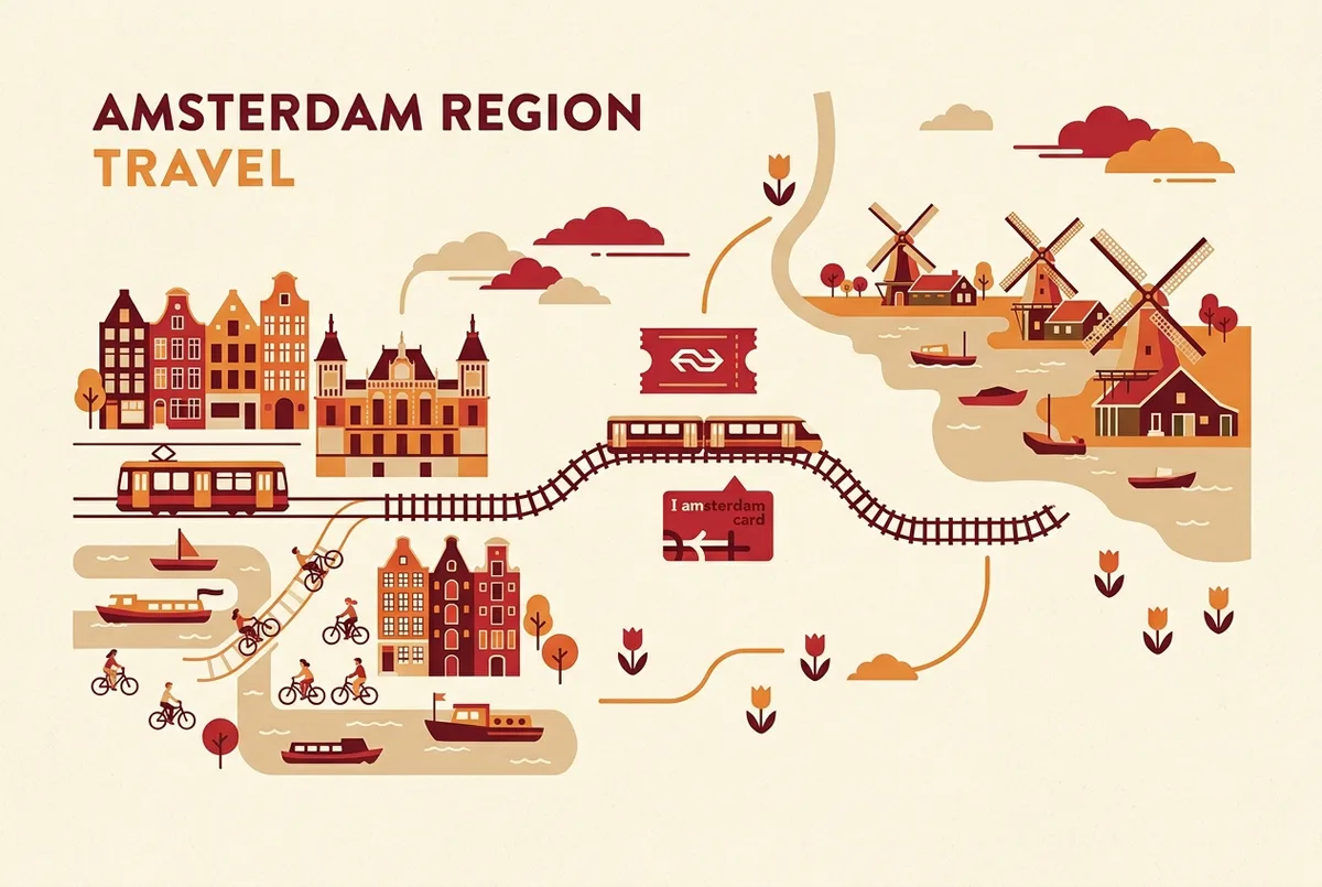 Simple map showing Amsterdam Central Station connected by train to Zaanse Schans, with the region ticket and city card icons over each leg, generic labels only, zaanse schans i amsterdam card route