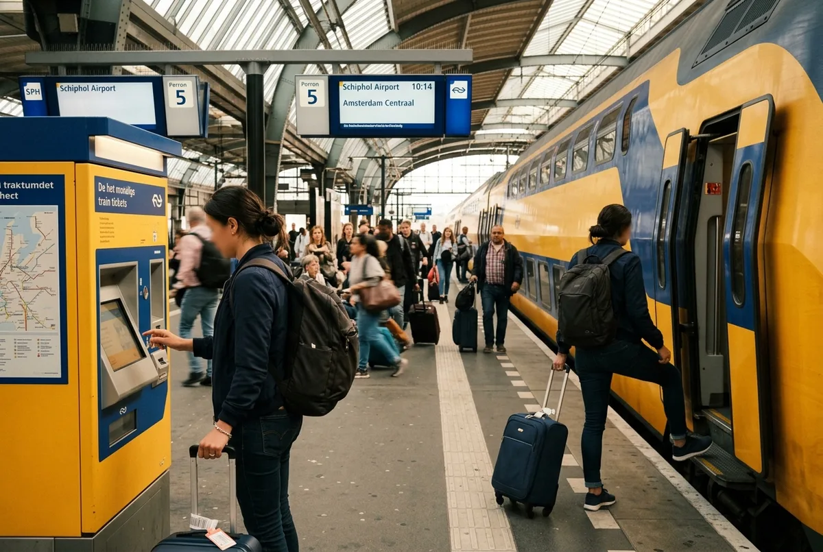 Traveler with luggage boarding an NS train at Schiphol Airport platform, buying train tickets amsterdam airport