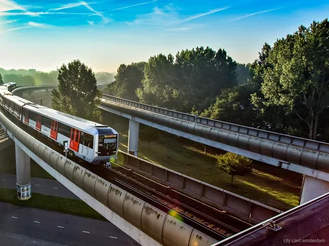 Regional train covered by the Amsterdam Region Travel Ticket passing tulip fields